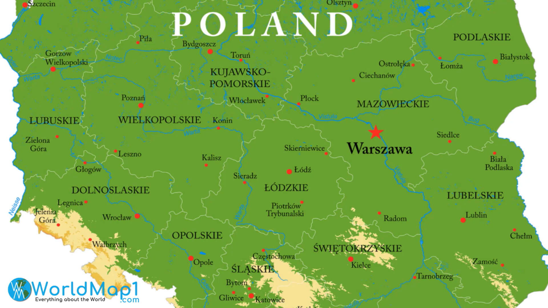 Karte der wichtigsten Städte Polens mit Flüssen